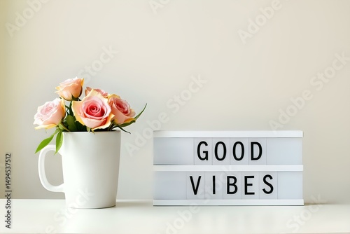 White mug with flowers, sign, and vase on table