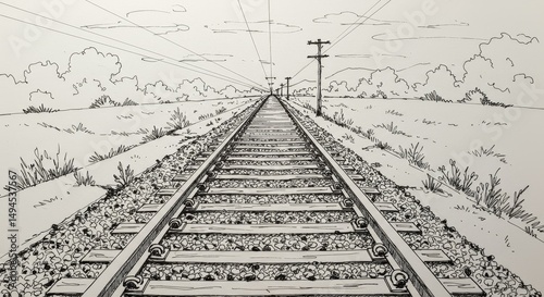 Sketch Perspective Railroad Tracks - Linear perspective drawing of railroad tracks vanishing into the horizon, symbolizing journey, endless possibilities, travel, adventure, and time