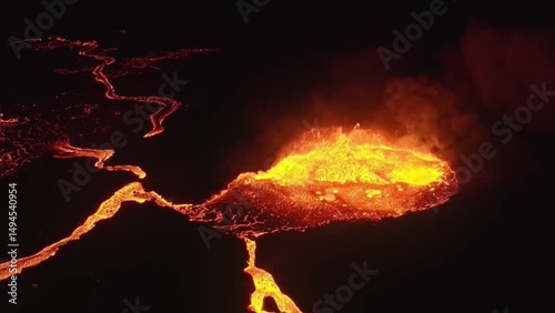 hot red magma lava flow at night