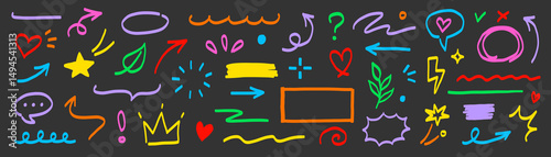 Hand marker line icon color brush element set. Hand drawn colorful sketch underline, arrow, heart shape with playful style. Doodle crown, highlight, pointer and symbol for fun design. Vector