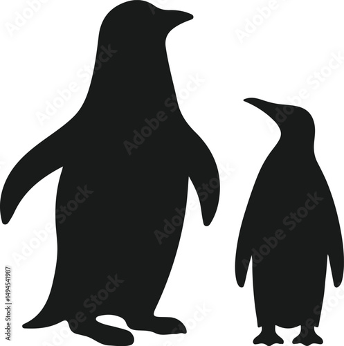 Silhouettes of two penguins standing, black vector illustration for wildlife, Antarctic, and animal themed designs
