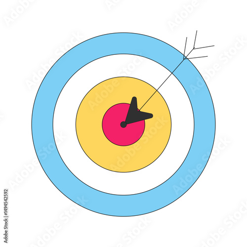 2D Arrow Hitting Bullseye Target – Business Success and Goal Achievement Vector Illustration