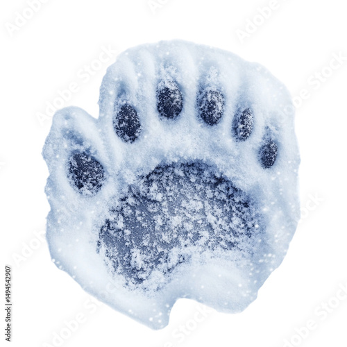 A polar bear paw print in fresh snow, surrounded by gently falling snowflakes, with no background.
