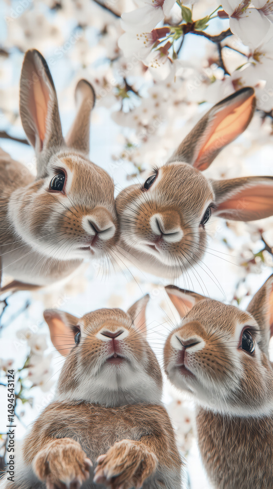 Fototapeta premium Bunny Gathering Under Blossoms: A gathering of adorable bunnies, captured from a low angle, cuddles beneath a canopy of delicate blossoms, creating a scene of warmth and togetherness.