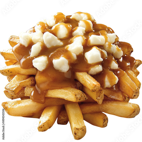 A delicious stack of poutine fries with cheese curds and gravy, close-up and focused, with no background.