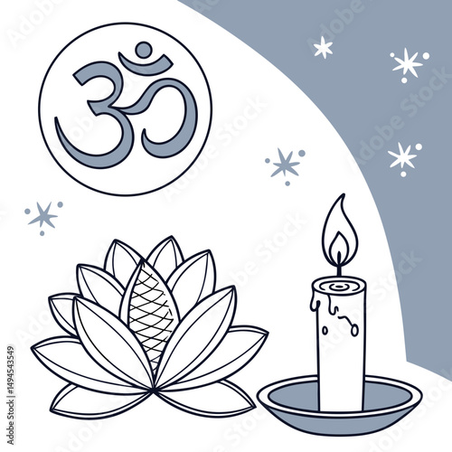 Guided Meditation Symbols Illustration - Spiritual meditation Om symbol with lotus flower for yoga studios, mindfulness apps, wellness blogs, meditation guides and spiritual practice materials