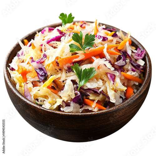 A German vegetable-based sauerkraut salad with colorful carrots and cabbage, served in a rustic bowl, with no background.