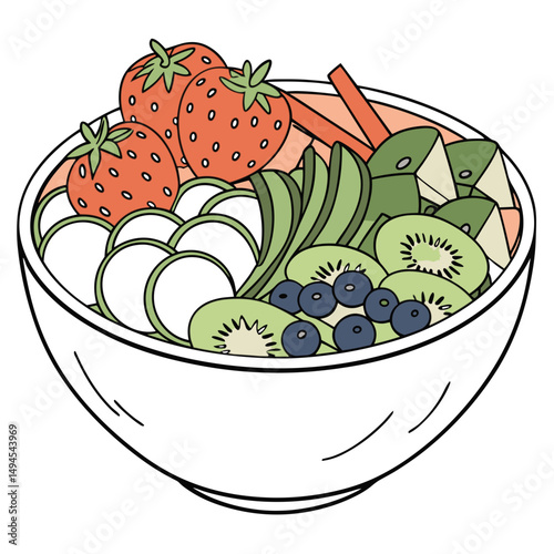 Fresh fruits salad bowl illustration for nutrition blogs, diet websites, wellness content, recipe collections, vegetarian cookbooks and health education materials
