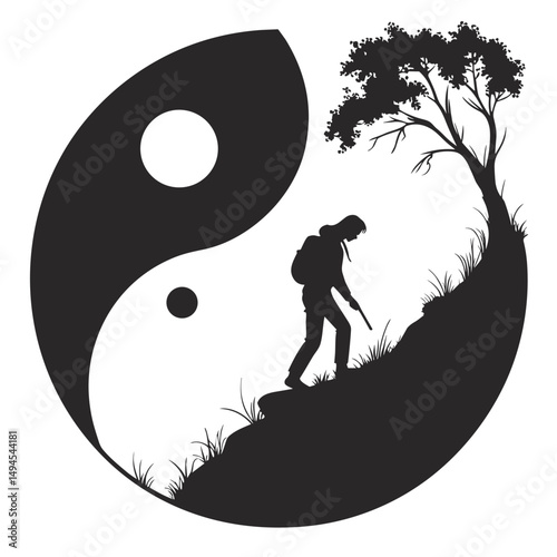 Light and Shadow Balance with tree silhouette for philosophy blogs, balance-themed content, Eastern wisdom websites, harmony concepts and spiritual wellness materials
