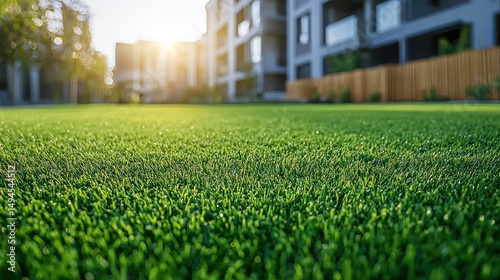 Artificial grass foreground, buildings, sunlight back