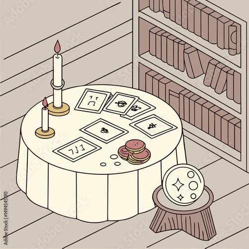 Oracle reading setup illustration for divination blogs, tarot websites, fortune telling guides, spiritual practice content and mystical art for esoteric practitioners