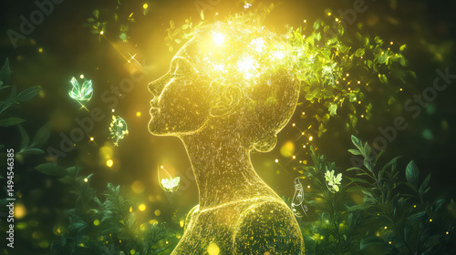 A luminous image portrays the human form connected to nature, sparking the mind. a serene representation of mindfulness and personal development.