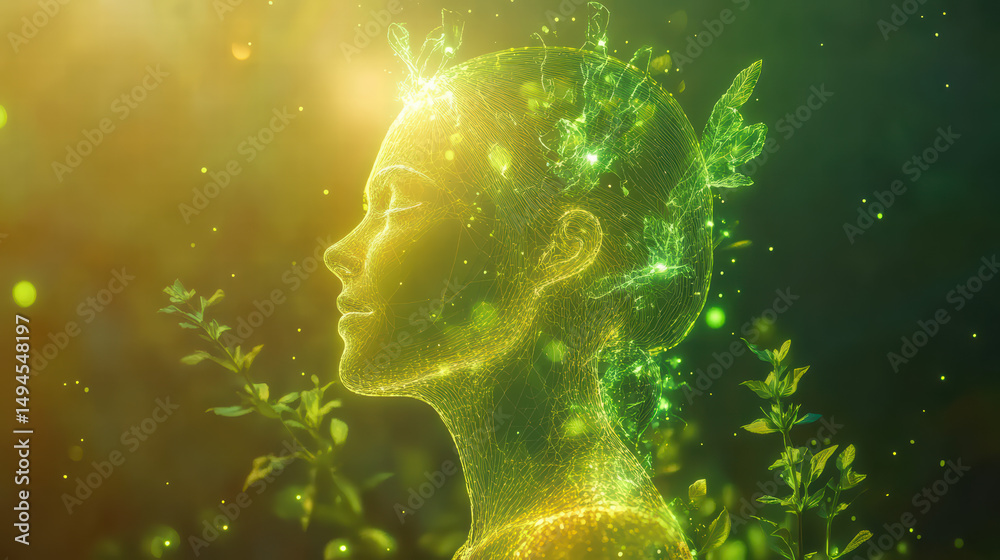 Fototapeta premium Nature's Embrace: A luminous, ethereal figure, interwoven with vibrant greenery, gazes serenely upwards, bathed in a radiant light.