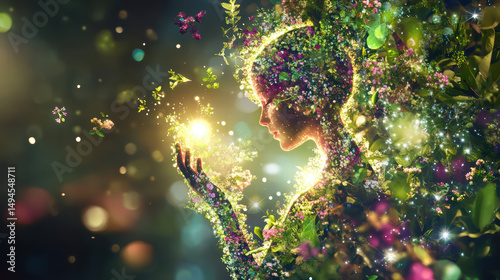 Eternal Bloom: A digital painting portraying a woman intertwined with vibrant plants, symbolizing the profound connection between humanity and the Earth, showcasing the beauty and harmony of nature.