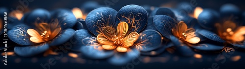 Obraz  z motywem Luxurious Dark Blue Flowers with Golden Details