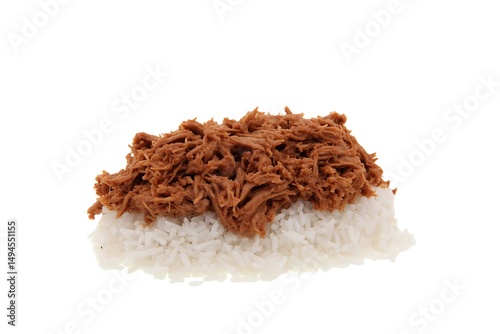 Rice with pulled pork isolated closeup photo