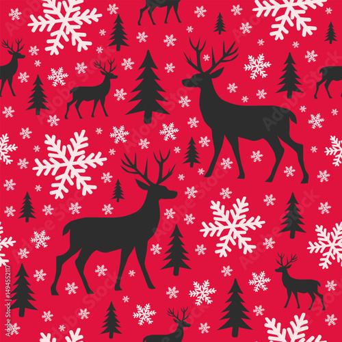 Red Forest Pattern with Snowflakes and Deer