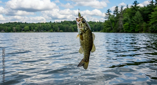 A freshly caught largemouth bass hangs from a fishing line above a calm lake.  The surrounding landscape boasts lush greenery and a partly cloudy sky.