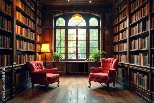 Cozy bookstore library interior, bookshelves filled with books, warm lighting, comfortable reading chairs , antique, new books, old books