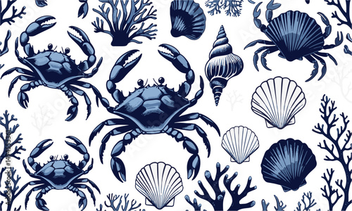 Design a seamless vector pattern featuring detailed marine life illustrations, easily scalable and editable.