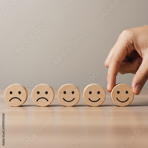 Hand Placing Happy Smiley Face Wooden Block Improving Customer Satisfaction Feedback