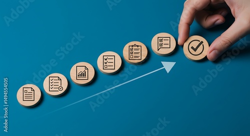 Wooden Discs Showing Project Management Stages and Successful Completion