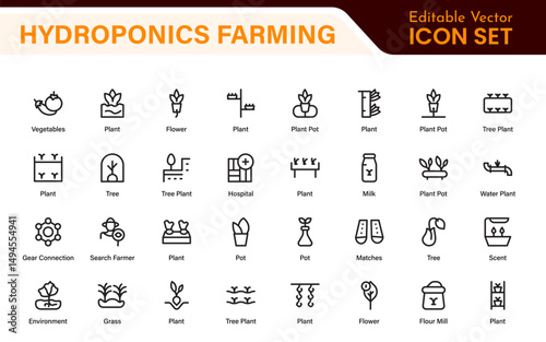 Hydroponics and Vertical Farming Icon Pack – Minimalist Line Vector Illustrations for Eco-Friendly Agriculture, Sustainable Farming, and Indoor Growing Solutions