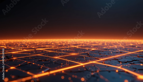 Glowing futuristic grid with orange neon lines on dark cracked surface