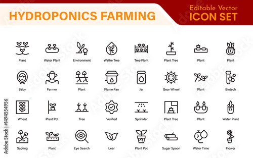 Hydroponics and Vertical Farming Icon Pack – Minimalist Line Vector Illustrations for Eco-Friendly Agriculture, Sustainable Farming, and Indoor Growing Solutions