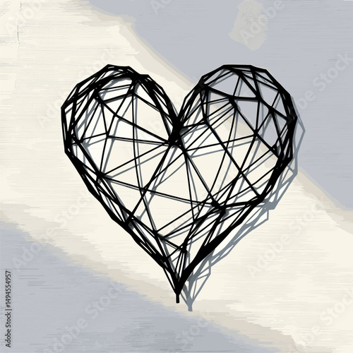 Abstract Geometric Heart Design, Black Wireframe on Soft Blue Background