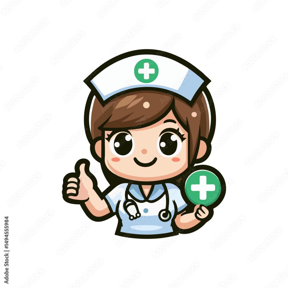 Obraz premium Modern Mascot Nurse Medical Character Clean Blue Healthcare Illustration Friendly Professional Hospital Staff Design for Clinic Health Promotion Branding Logo Marketing