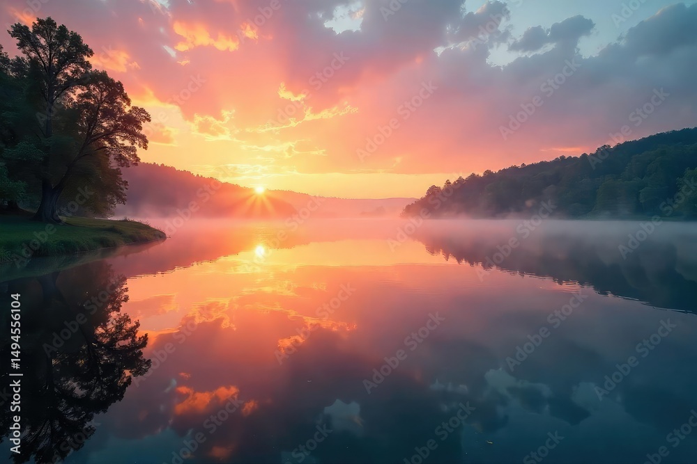 Obraz premium Serene sunrise over a tranquil lake, mist rising gently, perfect for mindful reflection and natural meditation Find inner peace amidst the beauty of untouched nature , clouds, environment