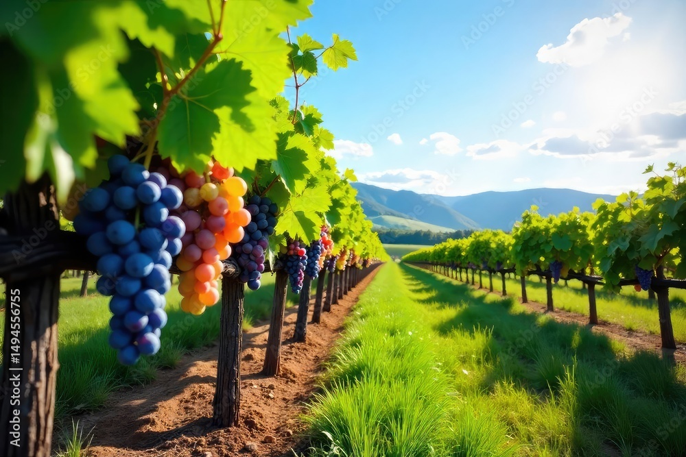 Naklejka premium Sun-drenched rows of ripening grapes hang heavy on the vine, ready for harvest Lush green foliage frames the picturesque vineyard landscape under a clear blue sky , green grapes, agricultural land