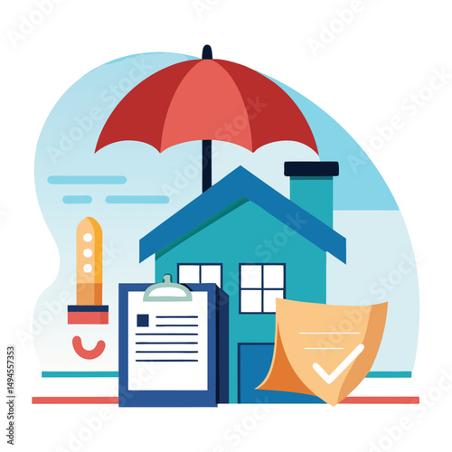 House property insurance, house and insurance document under umbrella vector illustration.