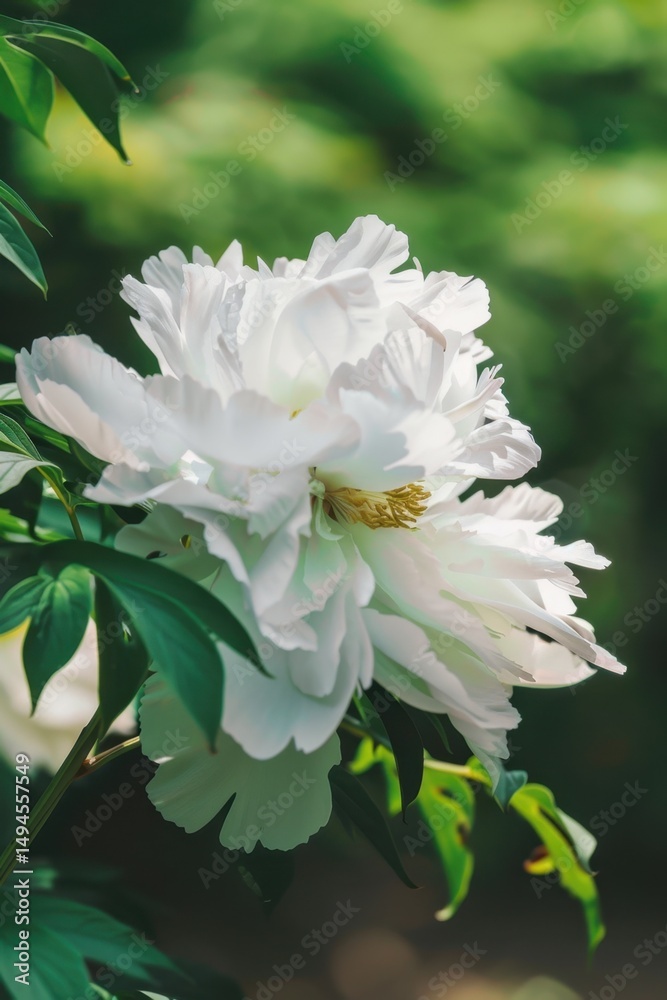 Close-up of a white peony flower in full bloom with lush green leaves. Close-up of a white peony flower in full bloom with lush green leaves.