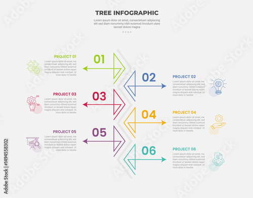 tree shape visualization infographic outline style with 6 point template with arrow line opposite direction on stacked vertical list for slide presentation