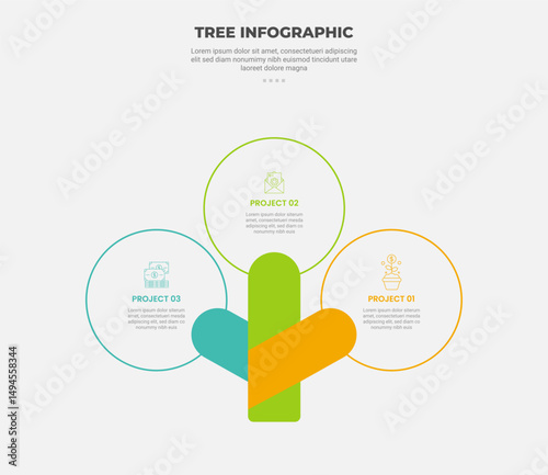 tree shape visualization infographic outline style with 3 point template with round rectangle with big circle container at top for slide presentation