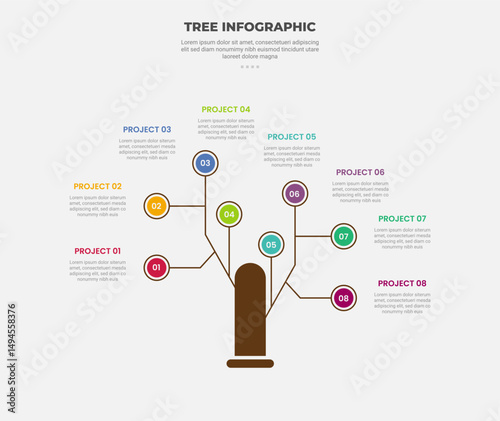 tree shape visualization infographic outline style with 8 point template with small circle around spreading with line connection for slide presentation