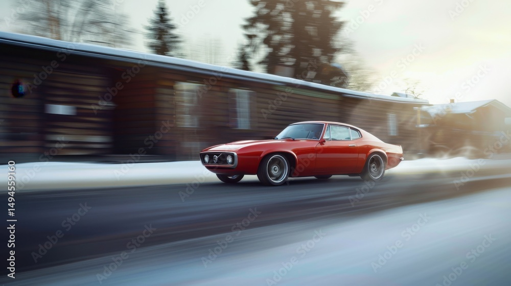 Fototapeta premium Vintage red sports car driving fast on a snowy road beside wooden houses.