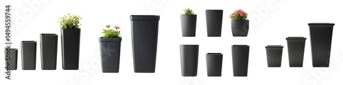 A collection of various sized modern black planters and pots in different shapes and styles suitable for growing indoor and outdoor plants succulents