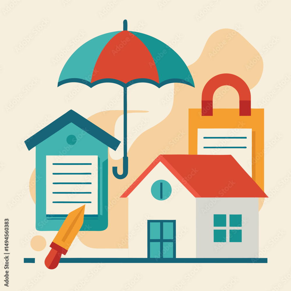 House property insurance, house and insurance document under umbrella vector illustration. House property insurance, house and insurance document under umbrella vector illustration.