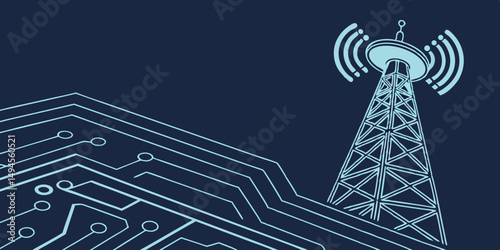 Futuristic blue wires on a circuit board on a dark technological background. Thin lines and dots. Great for web banners and presentations. Tech bg. Digital navy pattern. Big data and AI innovations
