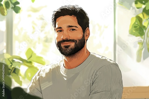 A smiling man with a beard, wearing a light grey sweater, sits near a window with plants.