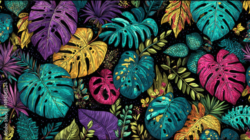 Colorful tropical leaves with vibrant symmetrical patterns on black background