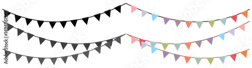 Carnival coloured garlands and bunting. Festive triangle flags on rope for decoration of party, holiday, event, festive, celebration. Colourfu pennants for banner, flyer template Vector design element