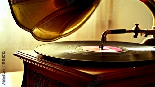 Close up of antique wooden phonograph playing vinyl record with large golden horn in warm light, turntable detail, classic musical equipment