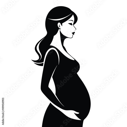 Monochrome Silhouette Profile of Pregnant Woman with Hand on Belly, Elegant Design