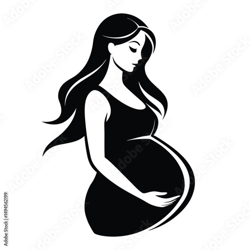 Silhouette of Expecting Woman in Black Dress with Hands on Belly Monochrome Art