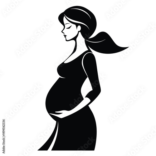 Silhouette of Woman With Ponytail in Black Dress, Hands Holding Abdomen, Side Profile