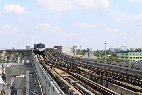 BTS Skytrain.Skytrain stops on train tracks.Mass transit system sky train